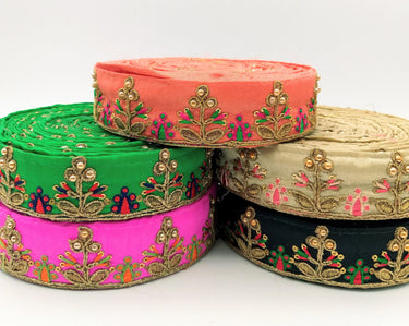 Fuchsia Pink Art Silk Trim In Orange And Gold Embroidery, Approx. 35mm wide, Decorative Trim